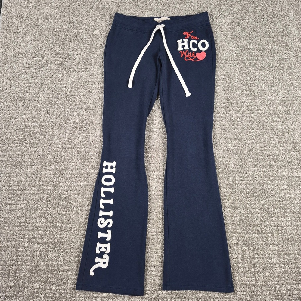 Vintage Y2K Hollister Sweatpants Womens S Navy Blue Flare Leg Low Rise Embroider